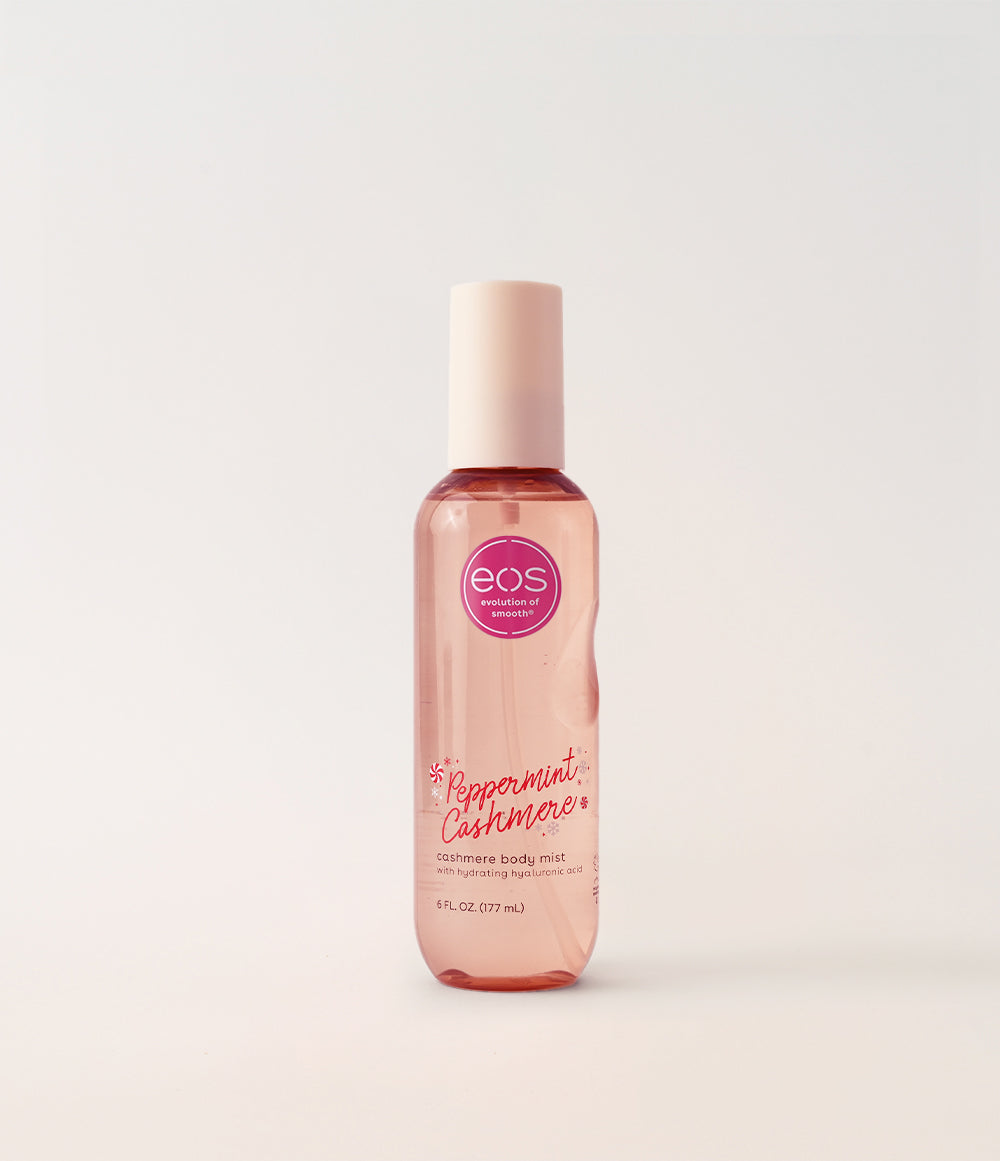 EOS Peppermint Cashmere body mist bottle on a light gray background